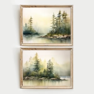Lake of the Woods Painting Set Of 2 Prints Pine Forest Watercolor Panoramic Landscape Wall Art Minnesota Watercolor Print