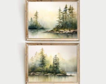 Lake of the Woods Painting Set Of 2 Prints Pine Forest Watercolor Panoramic Landscape Wall Art Minnesota Watercolor Print