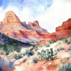 Sedona Arizona Painting Cactus Watercolor Art Print Cathedral Rock Art Desert Landscape Wall Art Red Rock State Park Artwork