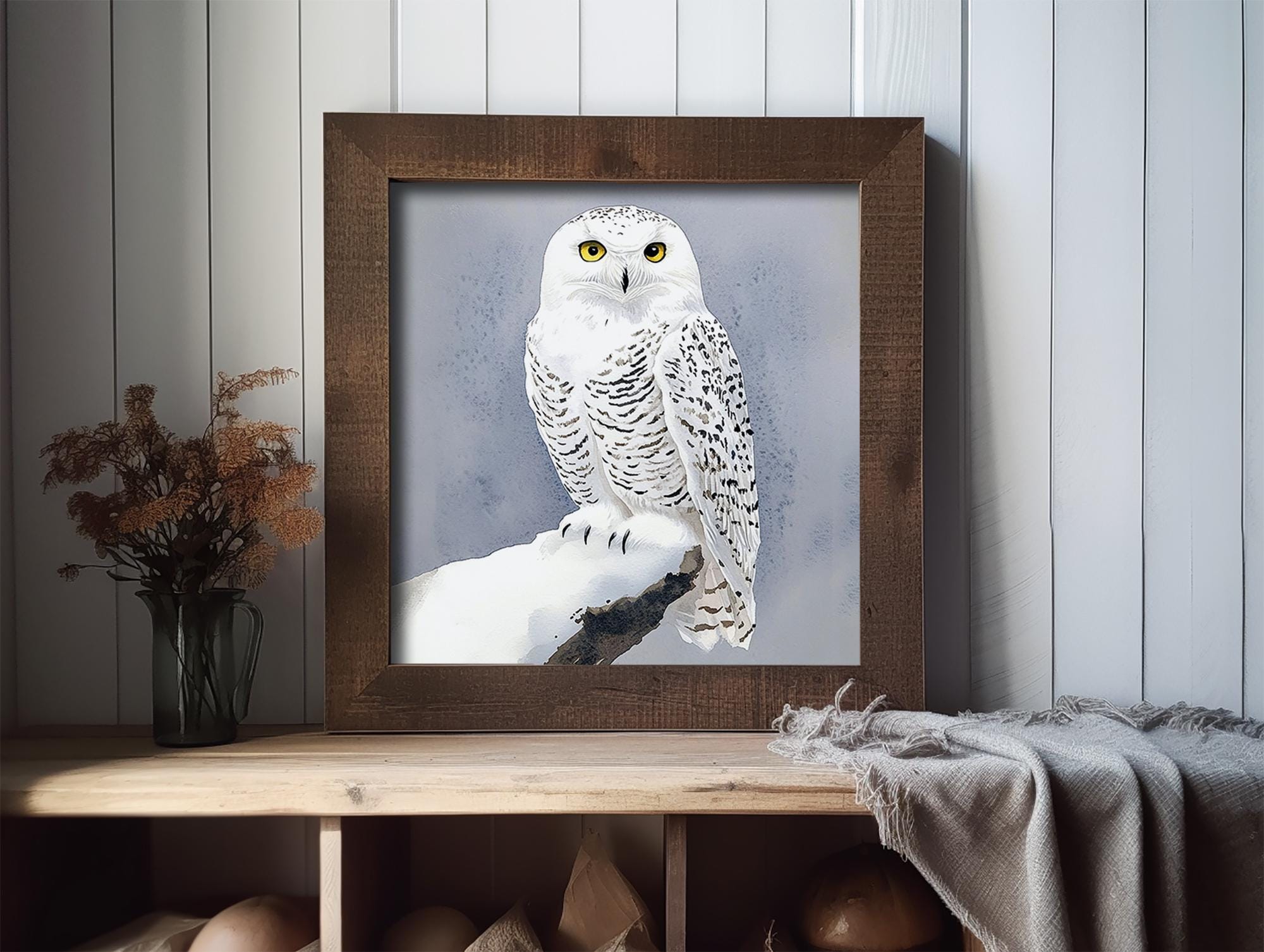 シロフクロウの絵画 冬の鳥 水彩画 アートプリント 野生動物 ウォール