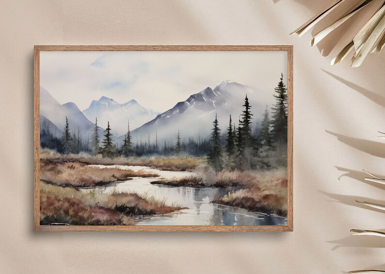 May include: Watercolor painting of a misty mountain landscape with a winding river in the foreground. The mountains are a soft blue and gray, and the trees are a dark green. The river is a light blue and reflects the sky.