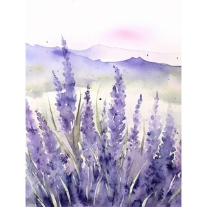 Obraz doliny lawendy Oregon Art Print Lawendowe pole Art Print Górskie pole Krajobrazowe wydruki akwarelowe