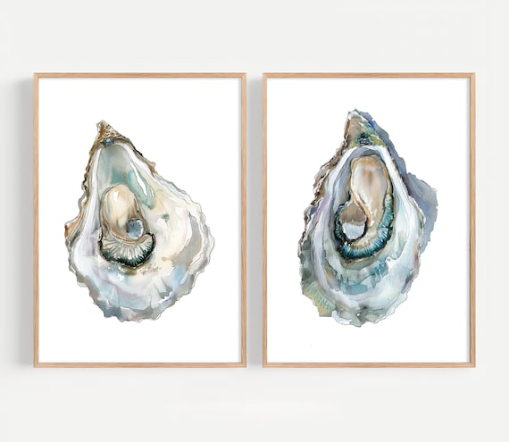 Oyster Painting Set of 2 Art Prints Coastal Watercolor Wall Art Sea Shell Print Minimalist Poster Earth Tone Artwork