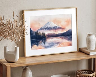 富士山の絵画 日本 水彩画 アートプリント 山 日の出 風景 壁アート