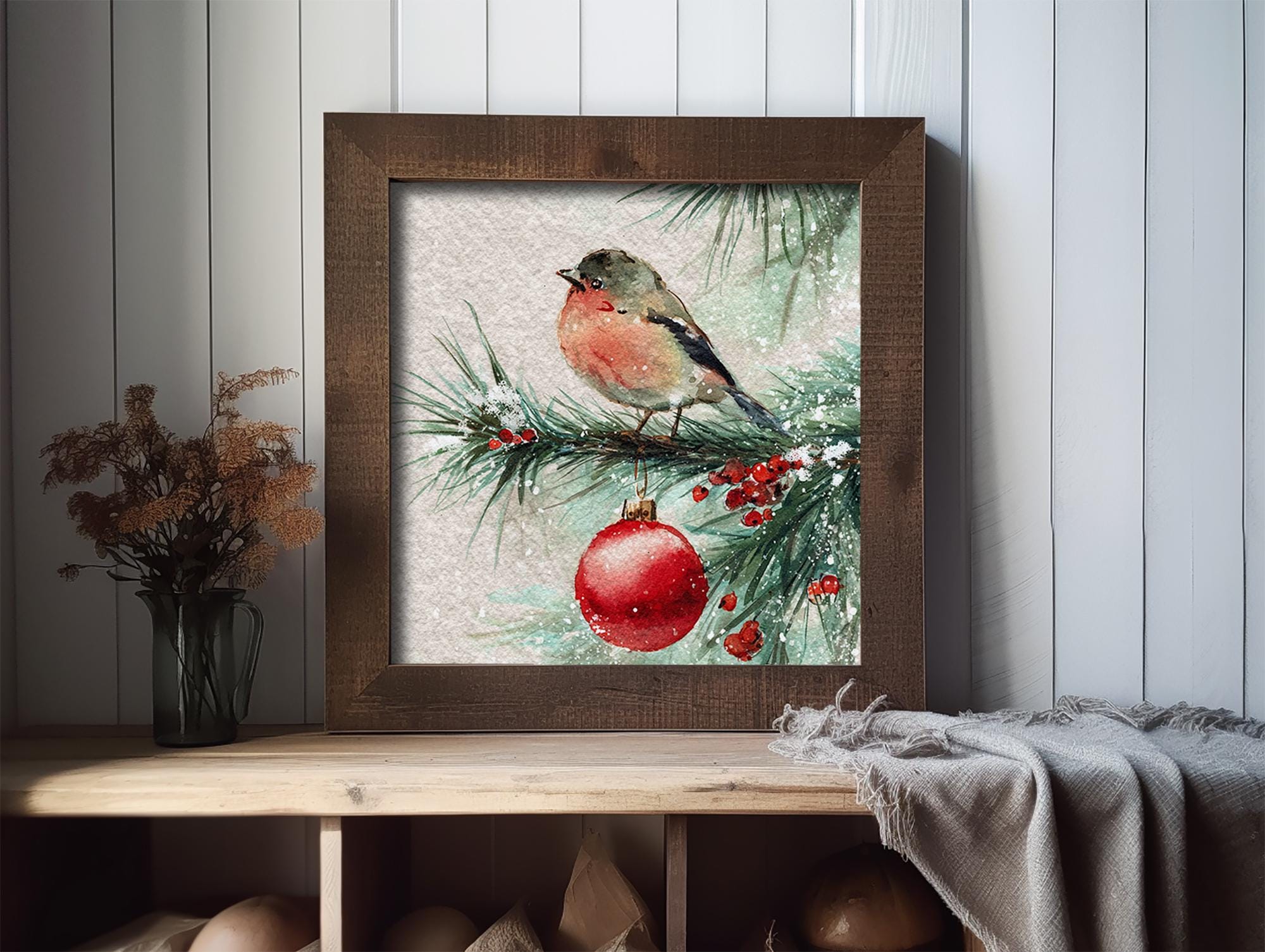 Robin Bird Watercolor Print Christmas Wall Art Winter Pine Painting Red ...