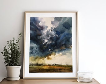 嵐の空の絵画 雨雲 水彩画 アートプリント フィールド風景 ウォール