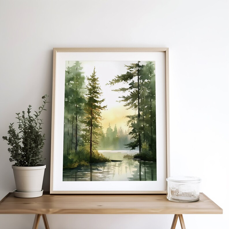 Forest Lake Watercolor Art Acadia Painting Eagle Lake Art Print Abstract Landscape Pine Forest Wall Art Log House Decor image 5