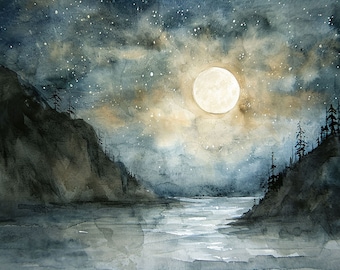 Full Moon Painting Night Watercolor Art Print Forest Lake