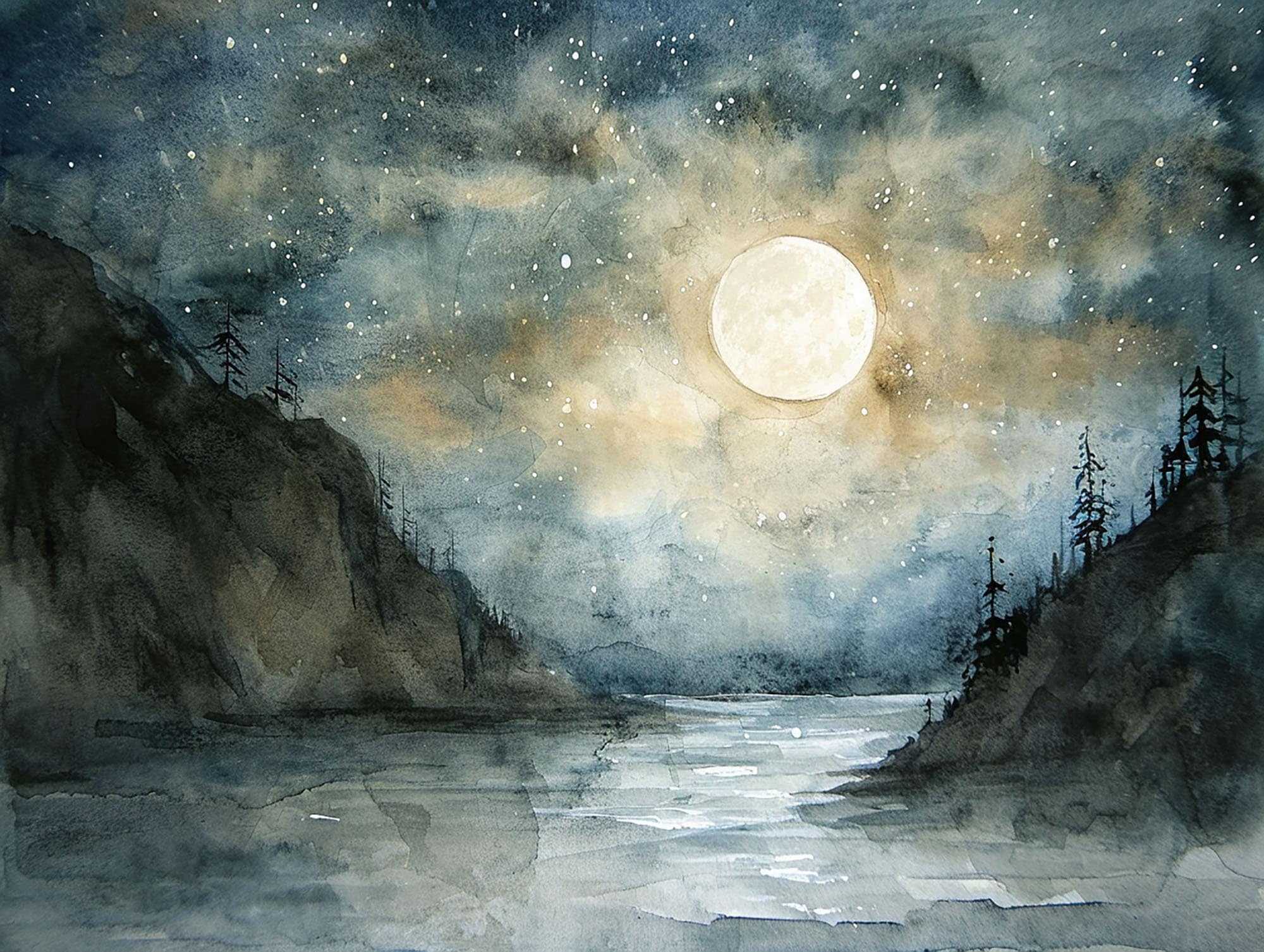 Full Moon Painting Night Watercolor Art Print Forest Lake