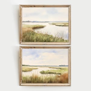 Marsh Painting Set Of 2 Prints Charleston Landscape Watercolor Lowcountry Wall Art Salt Marsh Artwork Green Beige Poster
