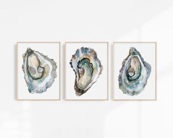 Oyster Painting Set of 3 Art Prints Coastal Watercolor Wall Art Sea Shell Print Minimalist Oysters Poster Earth Tone Artwork