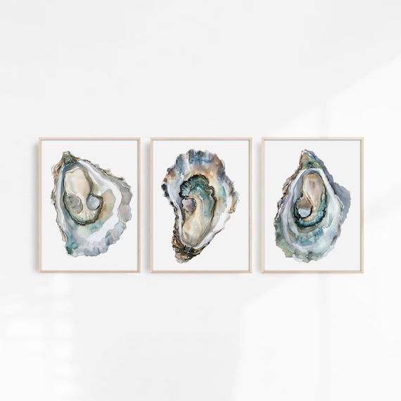 Oyster Painting Set of 3 Art Prints Coastal Watercolor Wall Art Sea Shell Print Minimalist Oysters Poster Earth Tone Artwork
