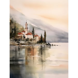 Lake Como Watercolor Bellagio Art Print Italian Mountain Lake Landscape Wall Art Sunrise On Como Lake Print Italy Art