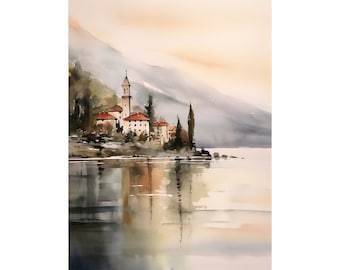 Lake Como Watercolor Bellagio Art Print Italian Mountain Lake Landscape Wall Art Sunrise On Como Lake Print Italy Art