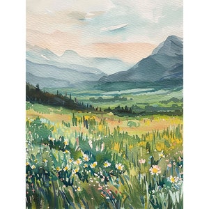 Rocky Mountains Painting Spring Watercolor Art Print Daisy Field Wall Art Mountain Valley Landscape Wall Art Nature Artwork