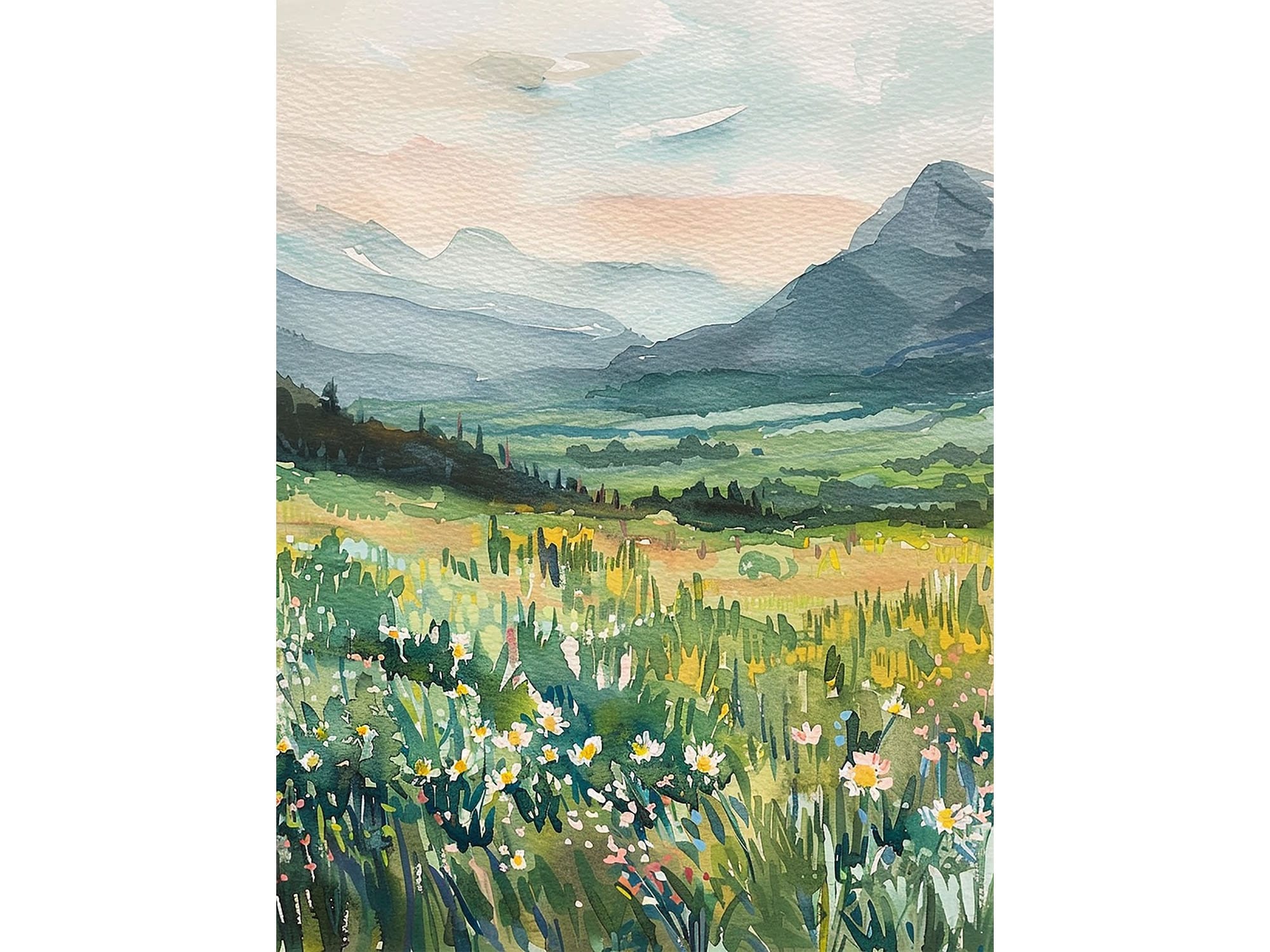 Rocky Mountains Painting Spring Watercolor Art Print Daisy Field