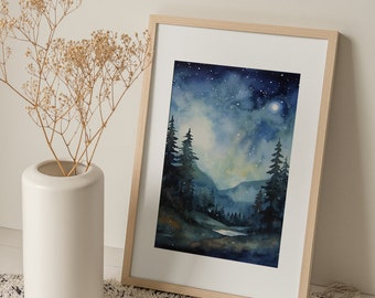 夜空の水彩画 アパラチア山脈の風景 アートプリント 月 松林 ウォール