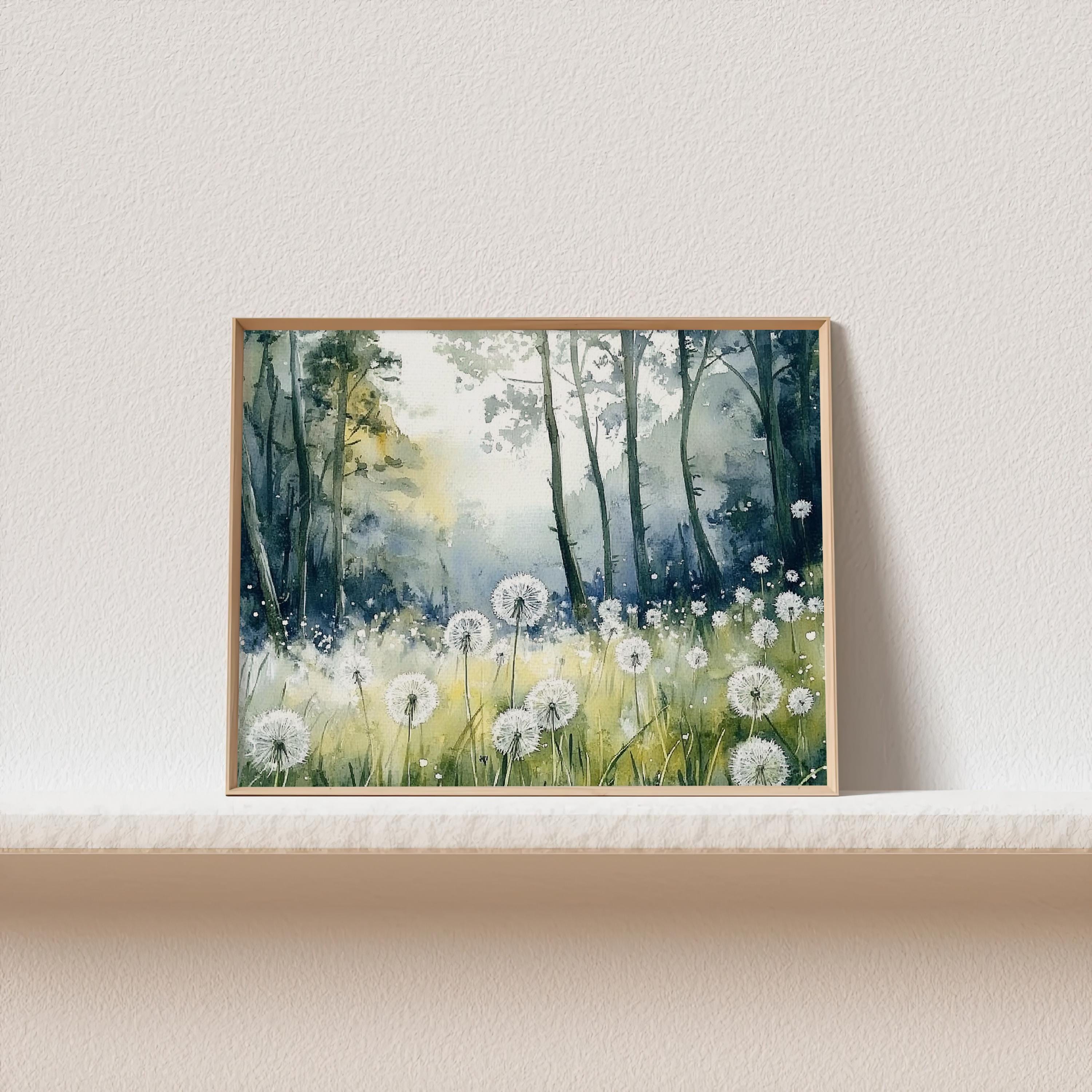 夏の野原の絵画 ふわふわのタンポポの水彩画 アートプリント 白い