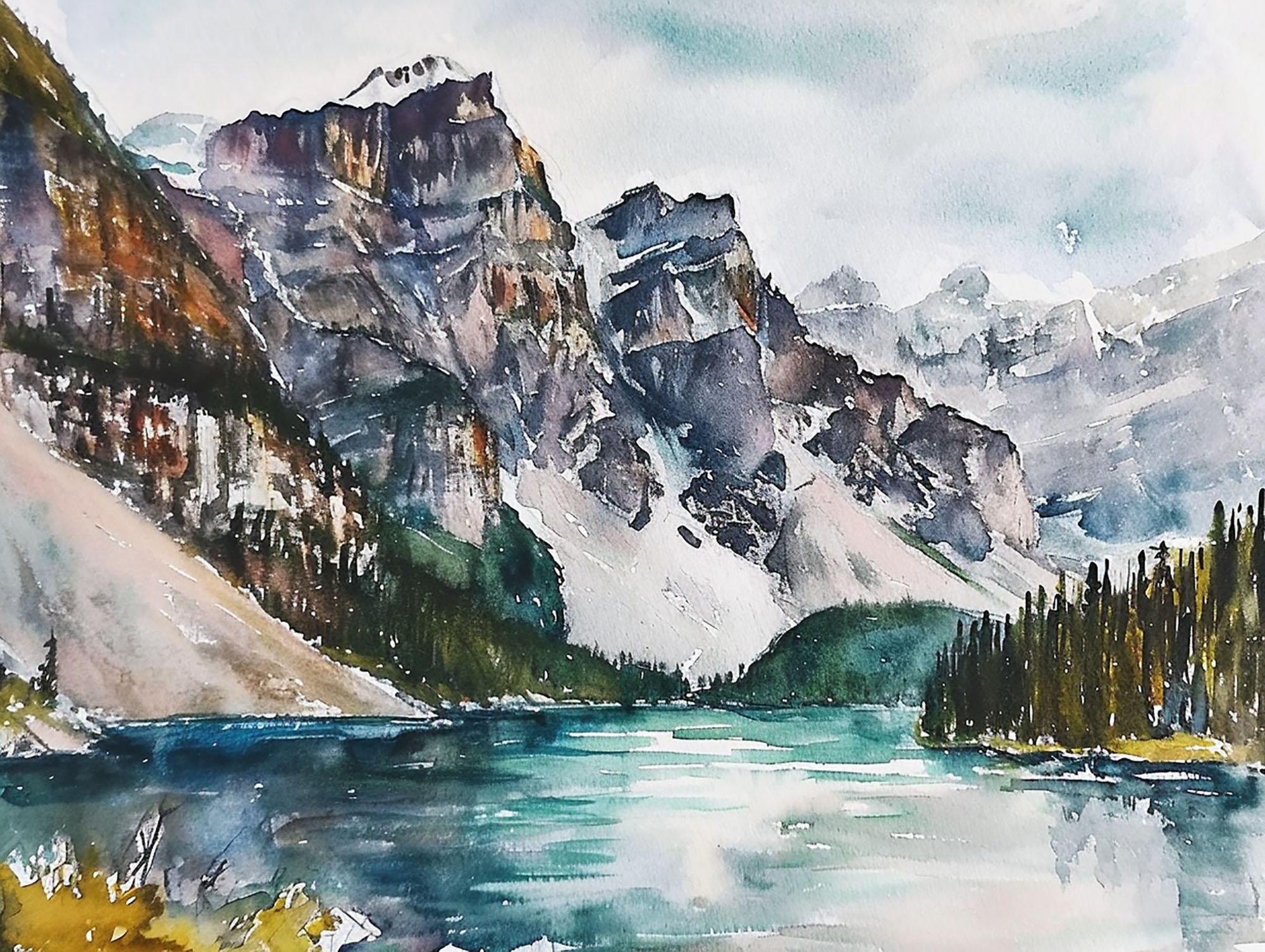 バンフ国立公園 絵画 カナダの風景 水彩画 アートプリント モレーン湖