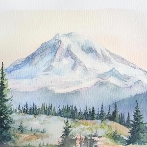 Mont Rainier aquarelle impression d&#39;art du parc national de Washington, peinture de la forêt de montagne, grande impression minimaliste, art mural panoramique