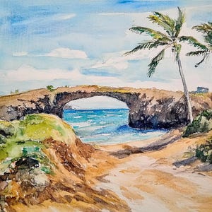 Malarstwo Aruba Karaiby Akwarela Sztuka Wydruk Landbridge Wall Art Plaża Wydruk Seascape Artwork