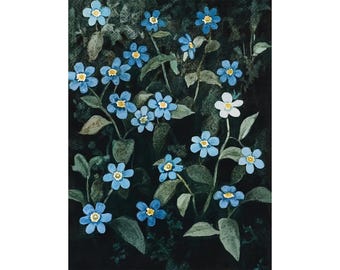 Forget Me Not Watercolor Print On Paper Blue Wildflower Botanical Cottage Garden Wall Art