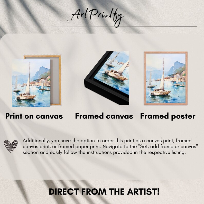 May include: A watercolour painting of sailboats on a body of water with a cityscape in the background. The painting is available as a print on canvas, framed canvas, or framed poster.