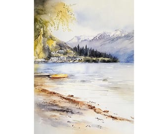 May include: Watercolor painting of a lake scene with a small yellow boat on the shore, a mountain range in the background, and a forest of trees on the opposite shore.
