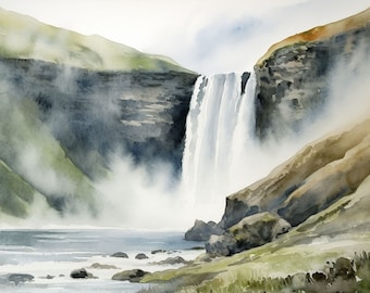 Skogafoss Painting Iceland Watercolor Art Print Waterfall Artwork Icelandic Landscape Print