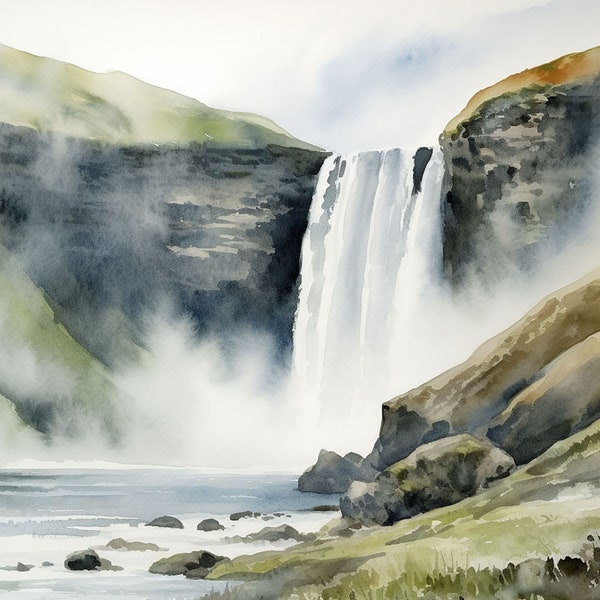 Peinture de Skogafoss, Islande, impression d'art aquarelle, oeuvre d'art en cascade, impression de paysage islandais