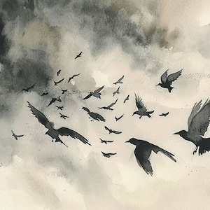 Pintura de cuervo, pájaro, acuarela, arte, impresión, cielo gris tormentoso, arte de pared, cuervos voladores, arte, nubes, póster, obra de arte de bandada de cuervos