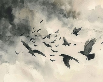 Raven Painting Bird Watercolor Art Print Stormy Grey Sky Wall Art Flying Crows Art Clouds Poster Flock Of Ravens Artwork