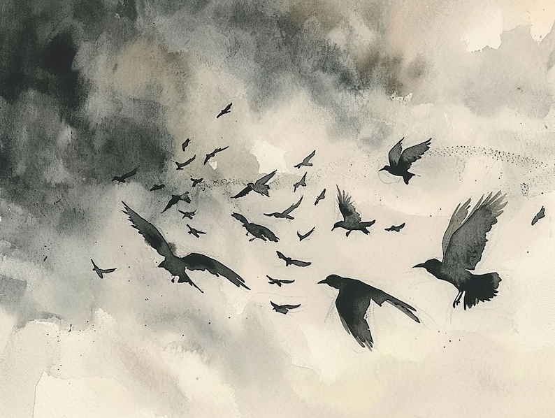 Raven Painting Bird Watercolor Art Print Stormy Grey Sky Wall Art Flying Crows Art Clouds Poster Flock Of Ravens Artwork image 1