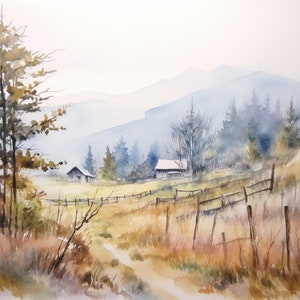 Bauernhaus Landschaft Wand Kunst Espe Malerei Herbst Bauernhof Aquarell Berg Wald Druck Herbst Colorado Poster