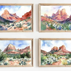 Arizona Gemälde 4er Set Drucke Sedona Arizona Aquarell Landschaft Wand Kunst Wüste Kunstwerk Red Rock State Park Poster Saguaro Kaktus Kunst