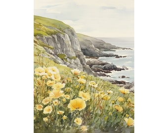 May include: A watercolor painting of a rocky coastline with yellow wildflowers in the foreground. The cliffs are gray and the water is blue. The sky is a light blue with some clouds.