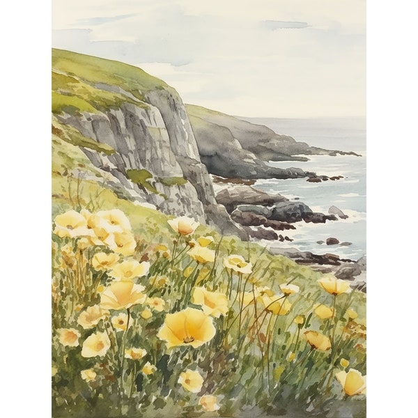 Kerry Cliffs Painting Buttercup Flowers Watercolor Wall Art Ring of Kerry Coastal Landscape Print Ireland Artwork Irish Wildflowers Poster