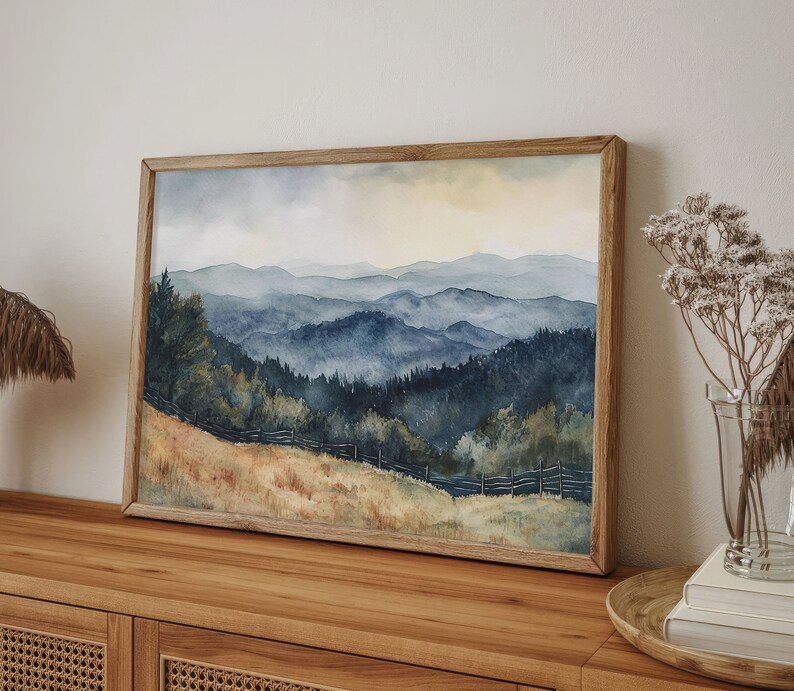 Appalachian Mountains Painting Evergreen Forest Watercolor Art Print Misty Mountains Landscape Wall Art Pine Tree Artwork image 3