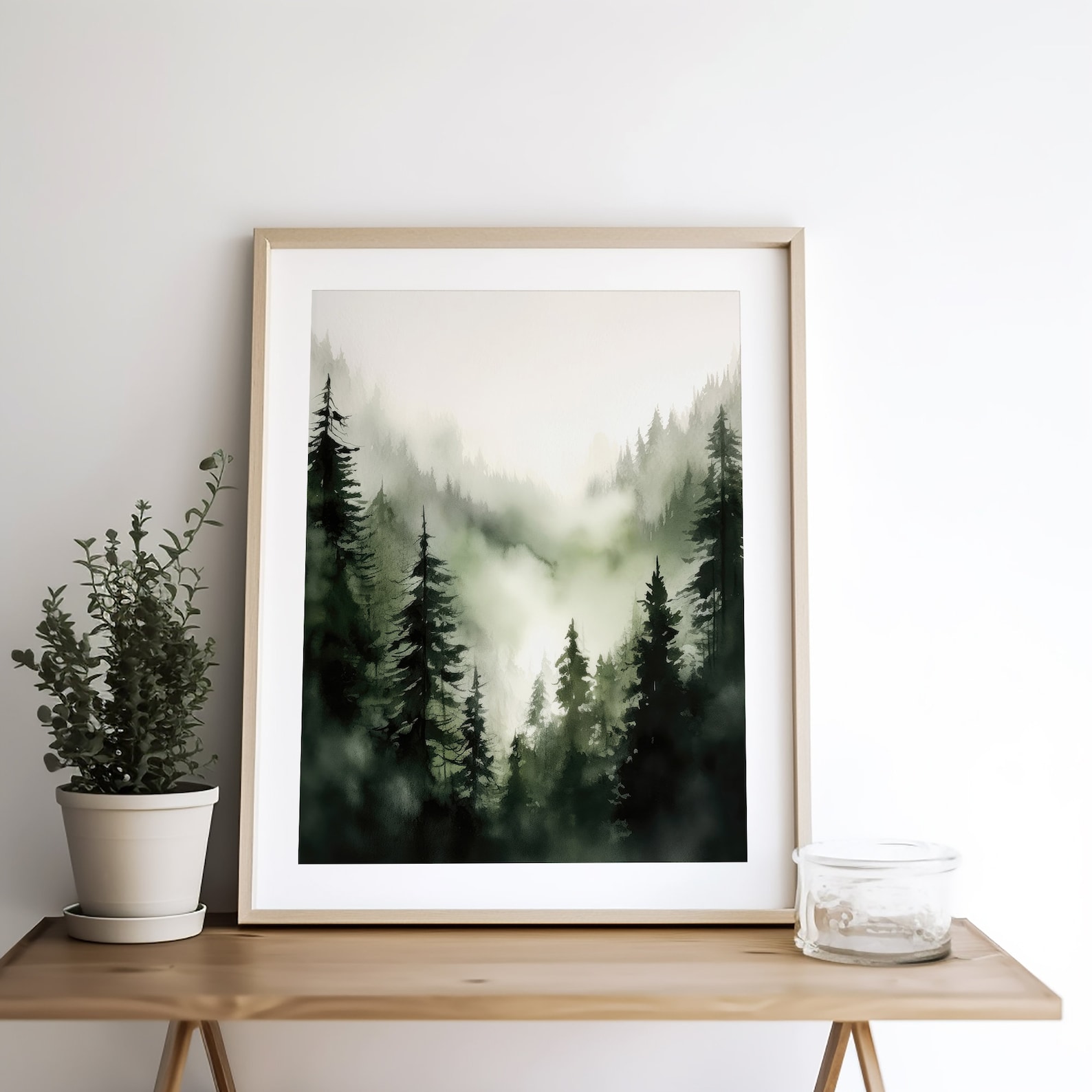 Evergreen Forest Poster Foggy Pine Trees Watercolor Painting Misty ...