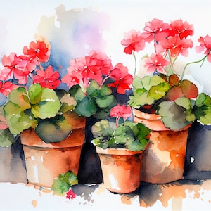 ゼラニウムの絵画 花の水彩画 アートプリント ゼラニウムの鉢 壁アート 庭の花 プリント 農家の壁装飾