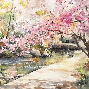 Paesaggio di ciliegio in fiore di Kyoto, dipinto ad acquerello, scena primaverile, stampa artistica, decorazione murale giapponese, poster di viaggio di Kyoto