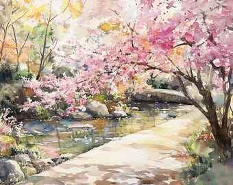 Kyoto Cherry Blossom Landscape Watercolor Painting Spring Scene Art Print Japanese Wall Decor Kyoto Travel Poster