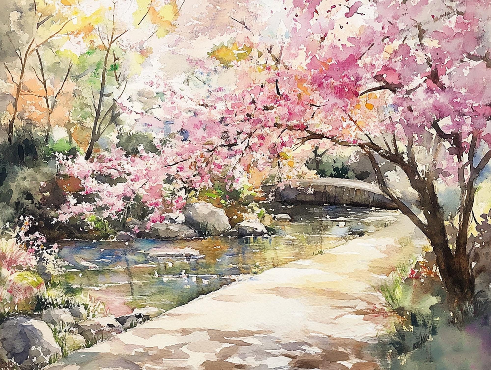 SAKURA art 桜 japan 切り絵 limited 和紙 kyoto Kyoto Cherry Blossom Landscape Watercolor Painting Spring Scene