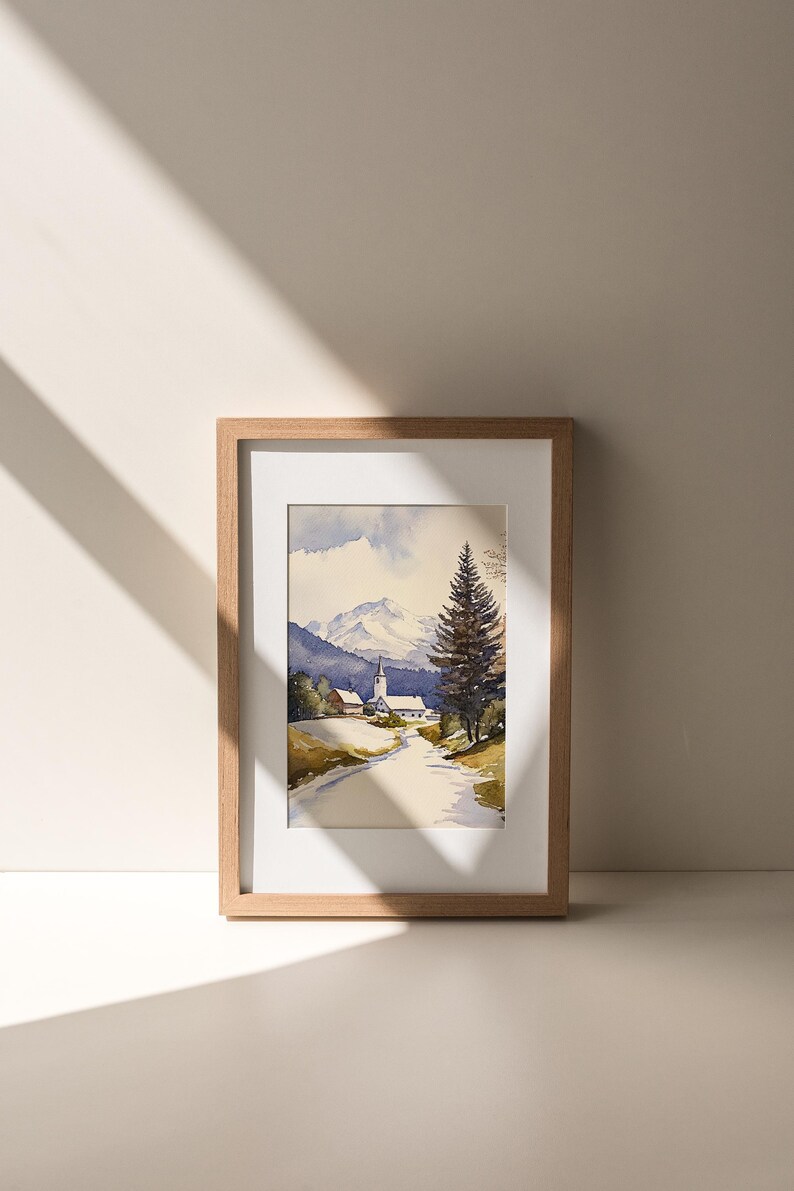 Stowe Painting Vermont Watercolor Art Print Winter Landscape Wall Art Snowy Road Art Snowfall Print