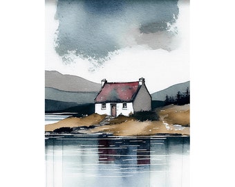 Scotland Painting House Art Print Cottage Lake Scottish Watercolor Landscape Painting Neutral Farmhouse Wall Decor