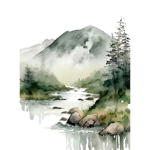 Smoky Mountains Painting Pine Trees Watercolor Art Print Ever Green Forest Art Foggy Landscape Wall Art