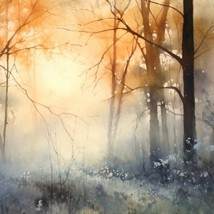Sunrise Painting Virginia Forest Watercolor Misty Forest Landscape Art Print Foggy Trees Art Loose Watercolor Art