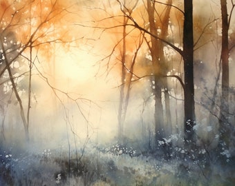 Sunrise Painting Virginia Forest Watercolor Misty Forest Landscape Art Print Foggy Trees Art Loose Watercolor Art