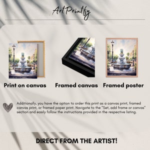 May include: A watercolor painting of a fountain in a city square. The fountain is surrounded by palm trees and buildings. The painting is available as a print on canvas, framed canvas, or framed poster.