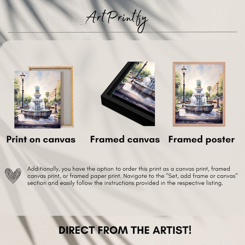 May include: A watercolor painting of a fountain in a city square. The fountain is surrounded by palm trees and buildings. The painting is available as a print on canvas, framed canvas, or framed poster.